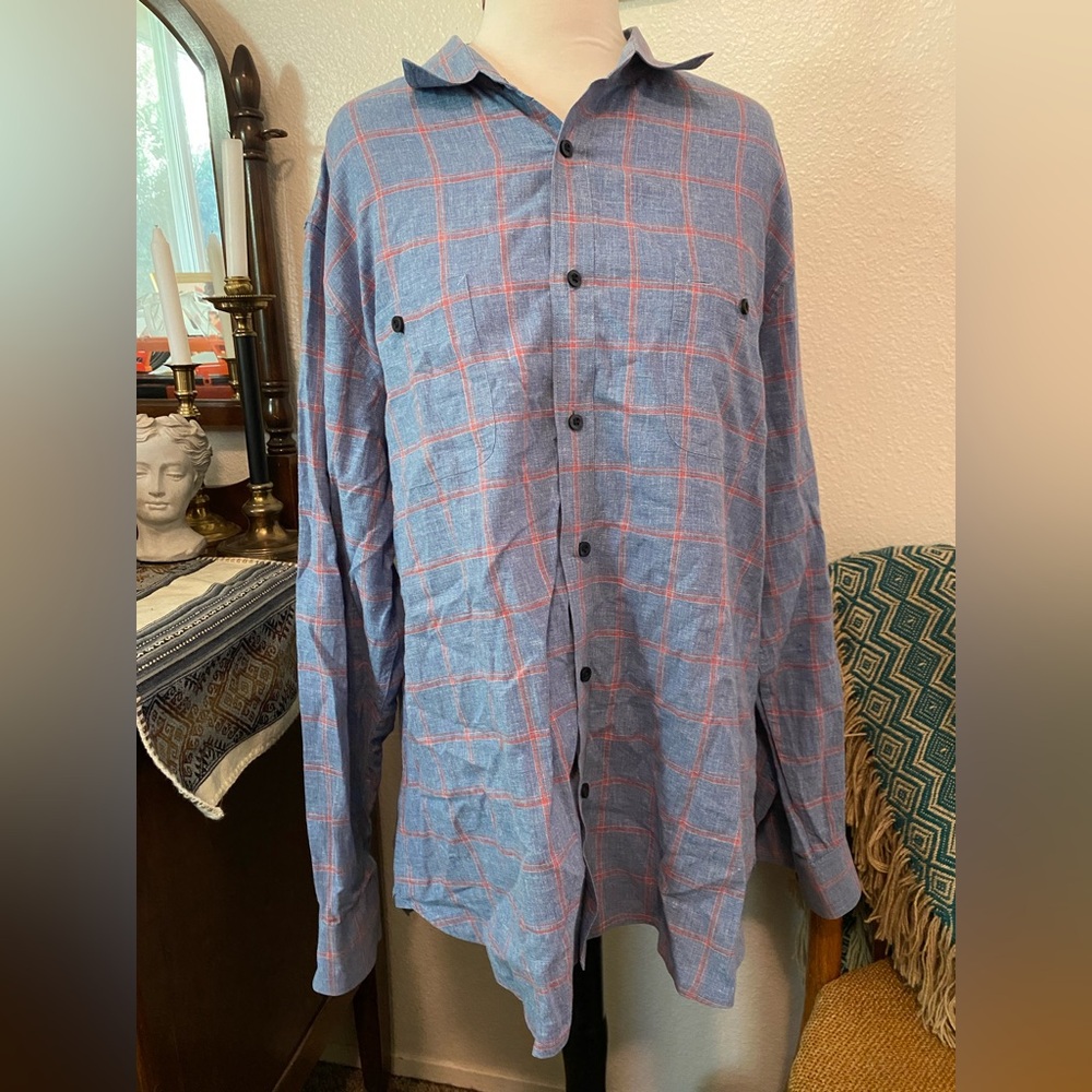 1901 Blue and Red Checkered XL trim fit Shirt linen cotton blend